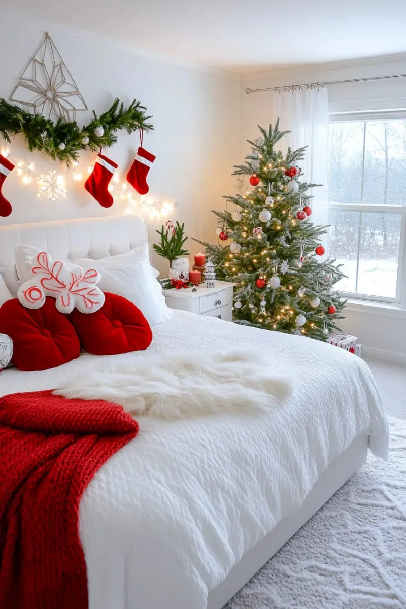 peppermint candy-shaped cushions on a fluffy white bedspread 1