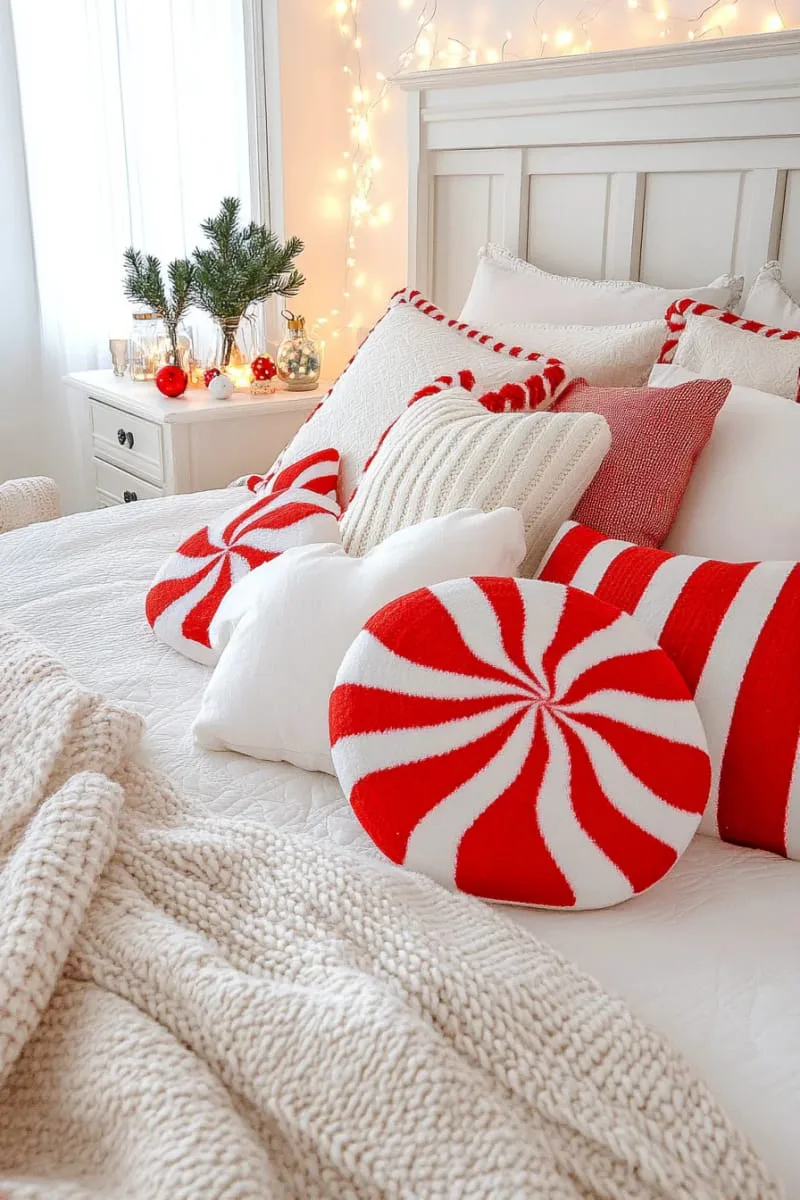 peppermint candy-shaped cushions on a fluffy white bedspread 1
