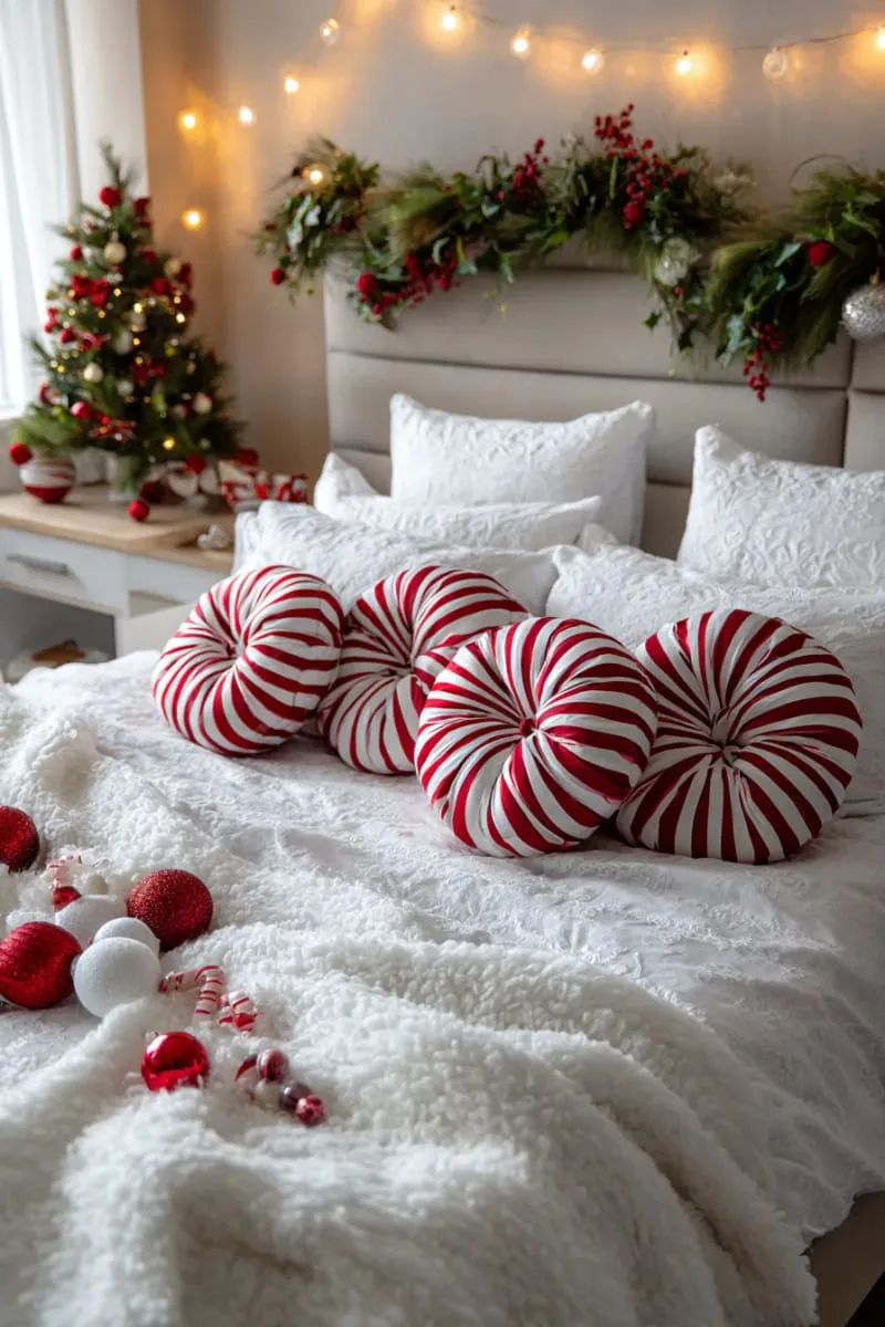 peppermint candy-shaped cushions on a fluffy white bedspread 1
