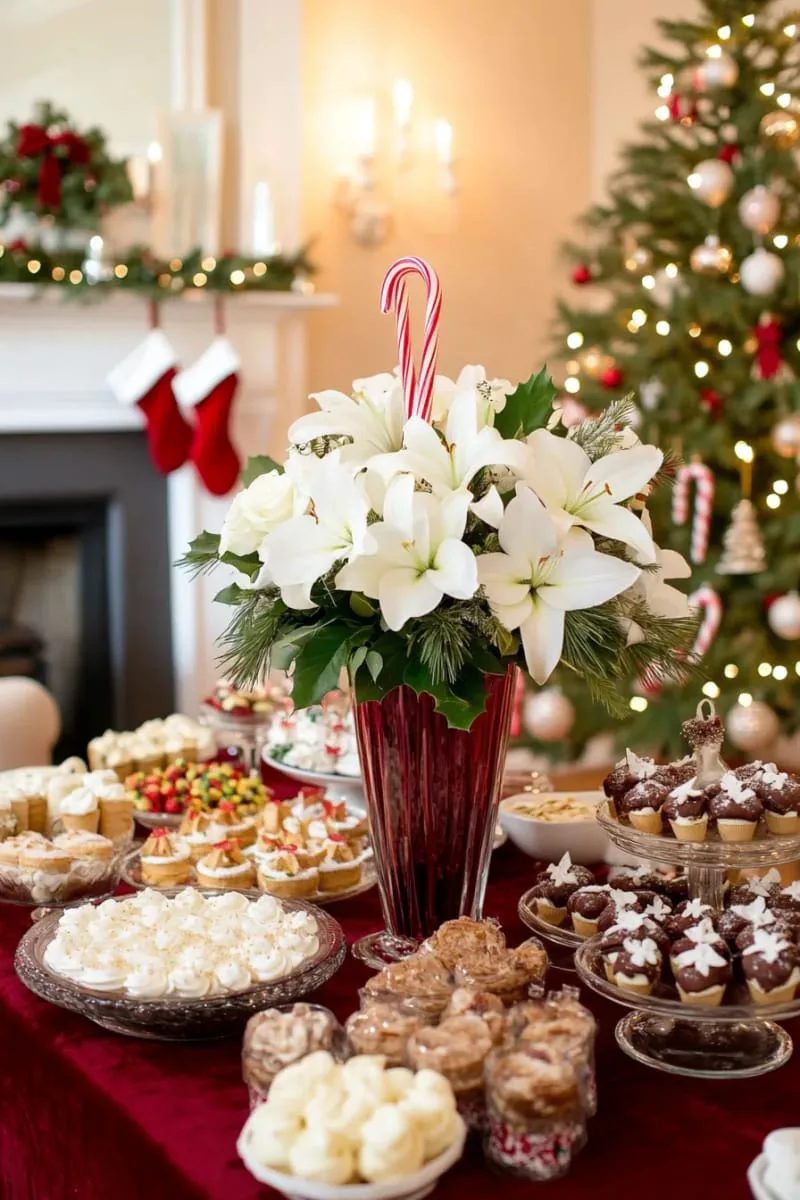 29 Elegant Christmas Party Decor Ideas to Copy This Year 94 peppermint stick vase filled with fresh white flowers on the dessert table 1