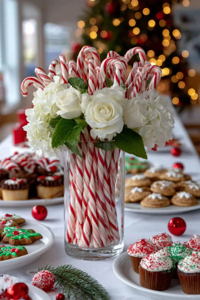 29 Elegant Christmas Party Decor Ideas to Copy This Year 95 peppermint stick vase filled with fresh white flowers on the dessert table 1