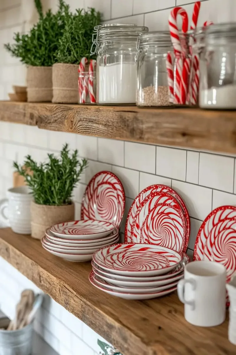 29 Creative Christmas Kitchen Decor Ideas You'll Absolutely Love 60 peppermint swirl plates stacked on open shelves 1