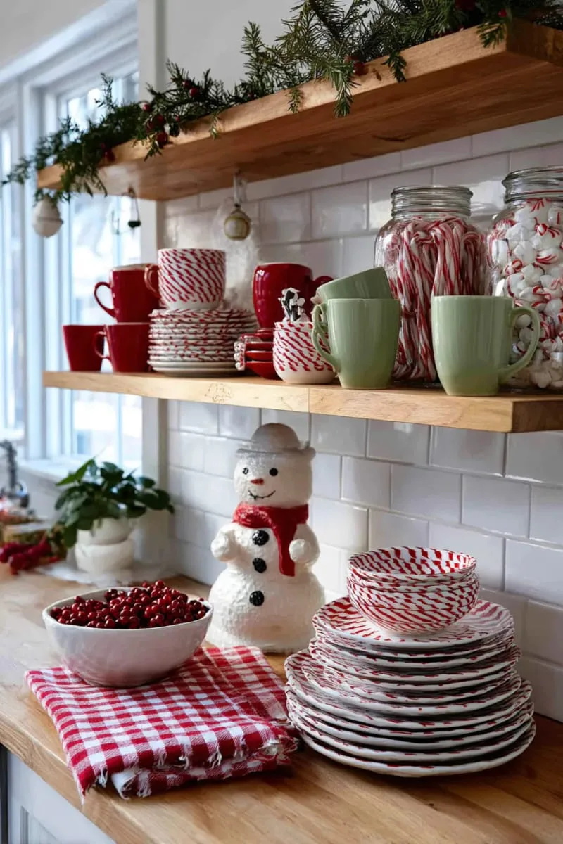 29 Creative Christmas Kitchen Decor Ideas You'll Absolutely Love 61 peppermint swirl plates stacked on open shelves 1