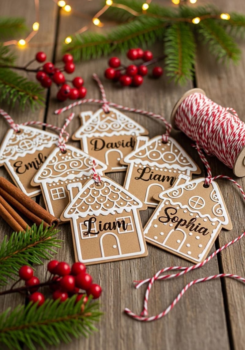 personalized gingerbread house gift tags with white vinyl icing details 1