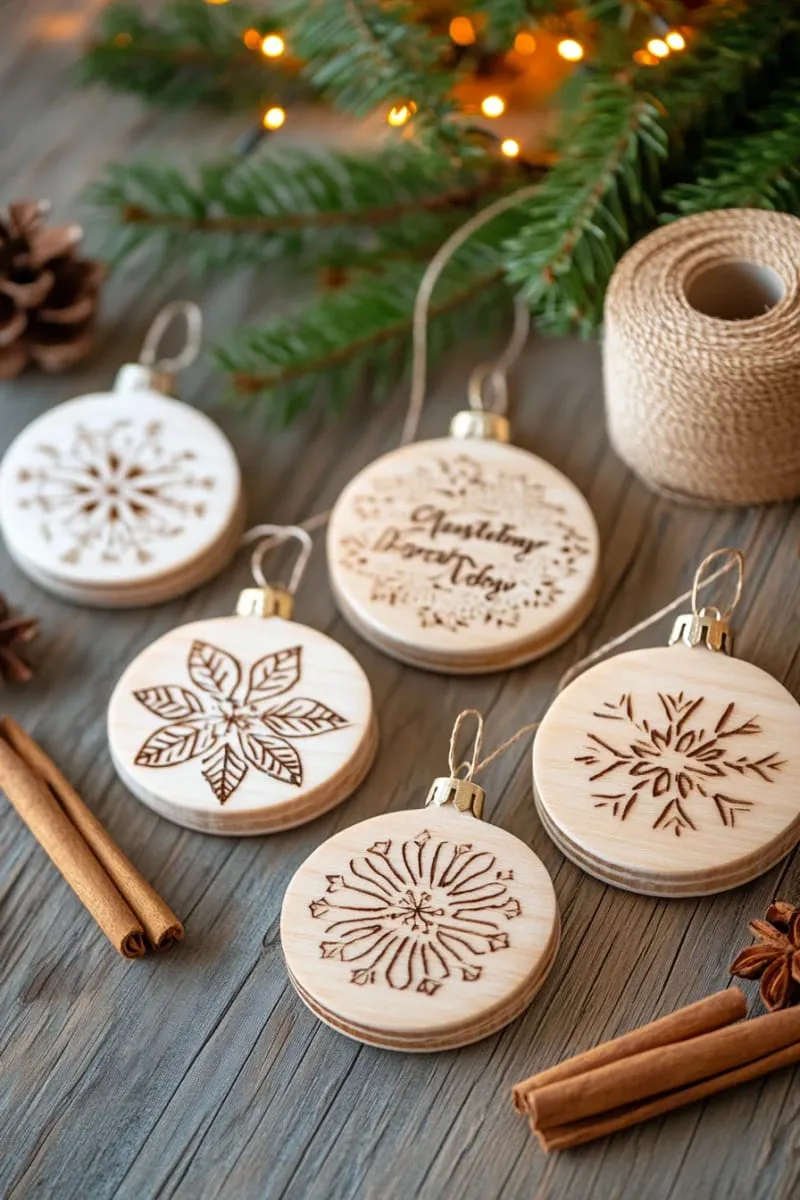 personalized wood-burned ornaments with family names and snowflakes 1