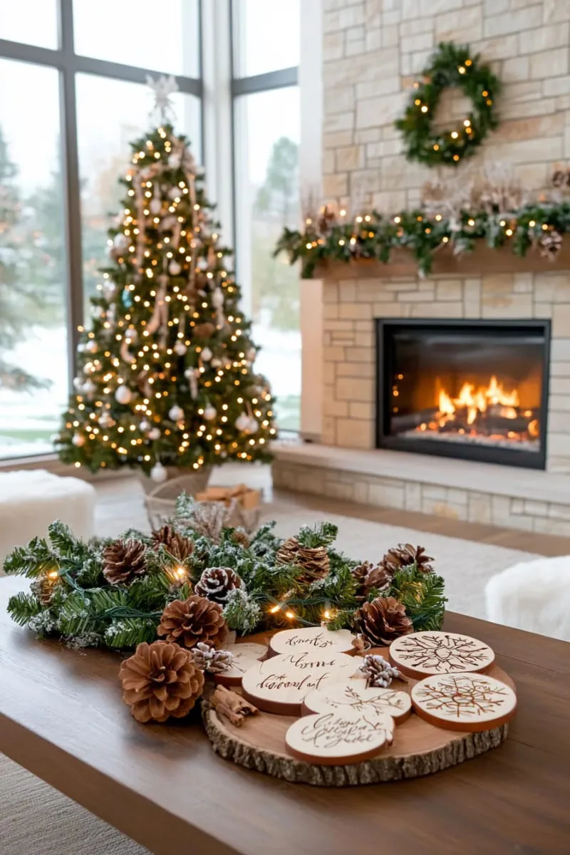personalized wood-burned ornaments with family names and snowflakes 1