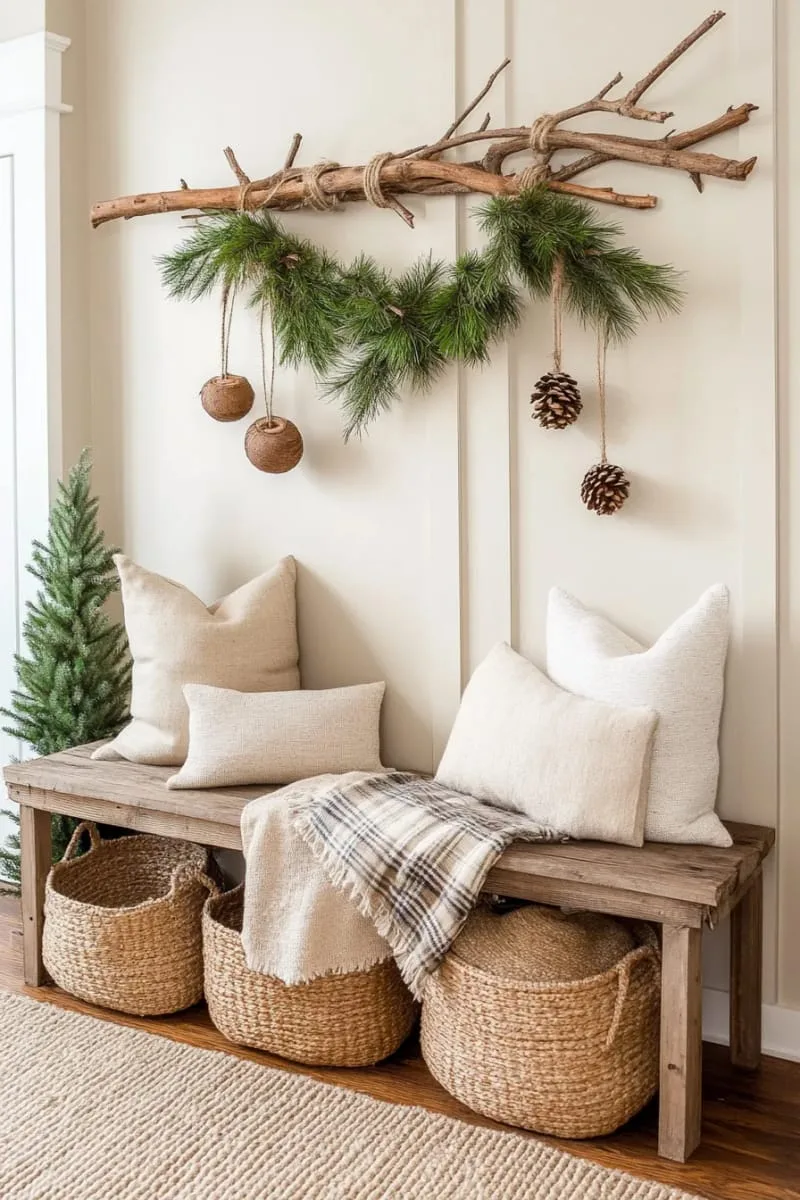 pine branch wall hanging above entryway bench 1