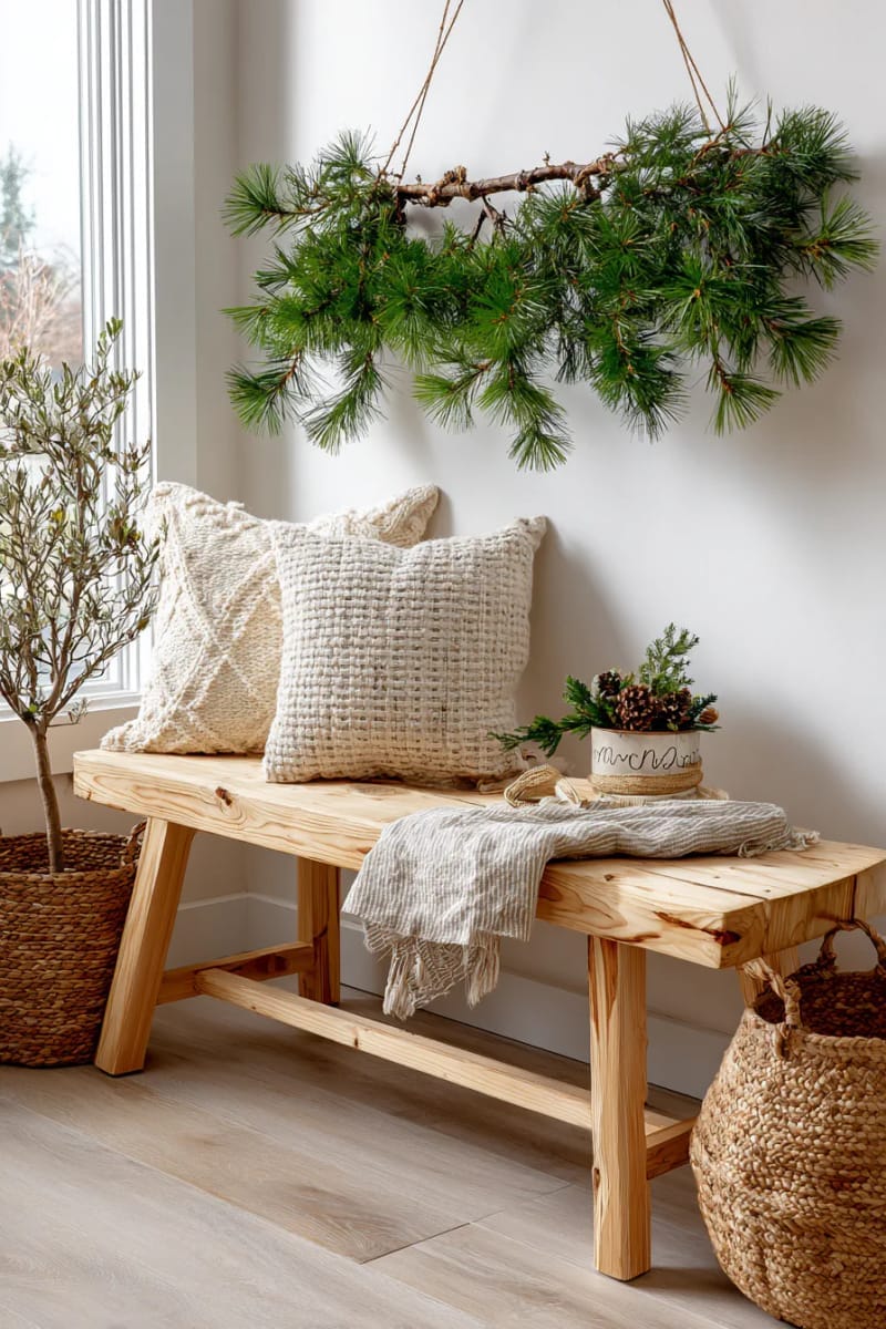 25 Gorgeous Winter Decor Ideas (Not Christmas) for a Serene Home 40 pine branch wall hanging above entryway bench 1