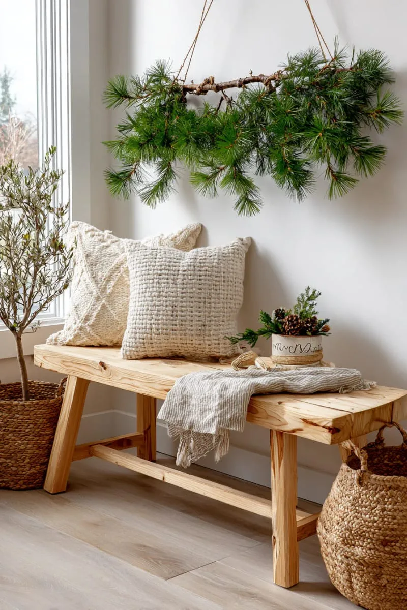 pine branch wall hanging above entryway bench 1