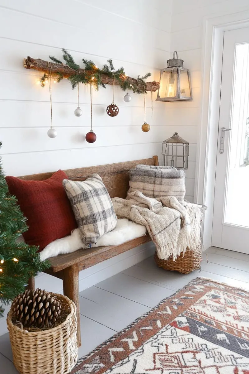 pine branch wall hanging above entryway bench 1