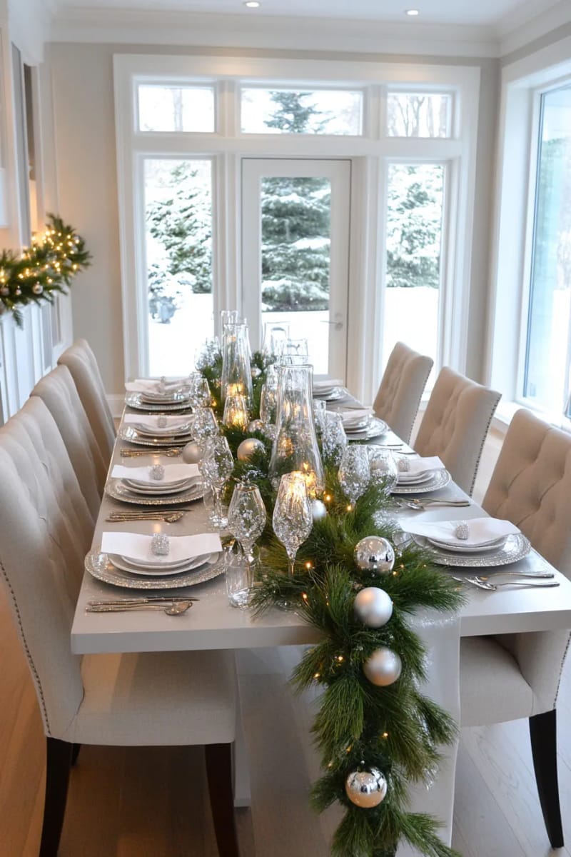 pine branches with ice crystals arranged in a clear glass vase centerpiece 1