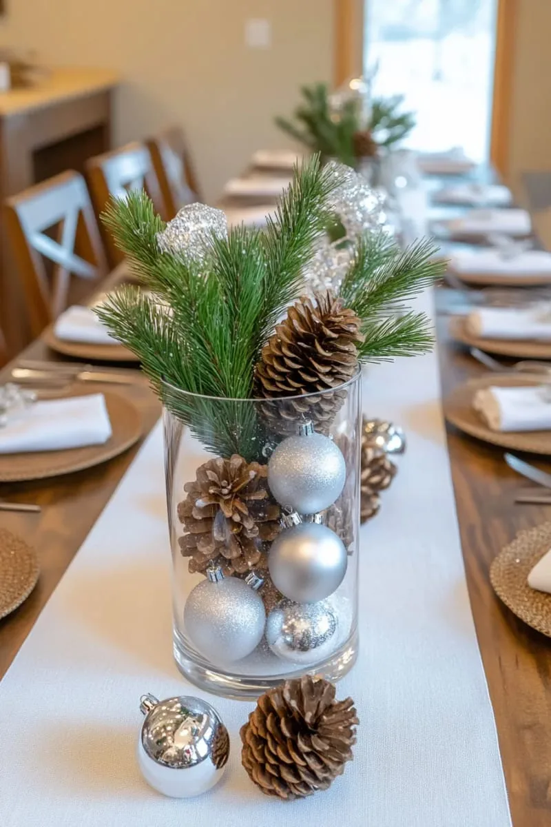 pine branches with ice crystals arranged in a clear glass vase centerpiece 1