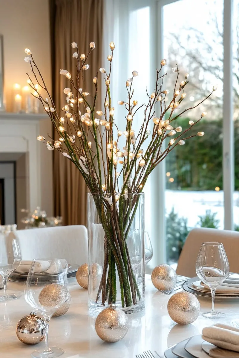 pine branches with ice crystals arranged in a clear glass vase centerpiece 1