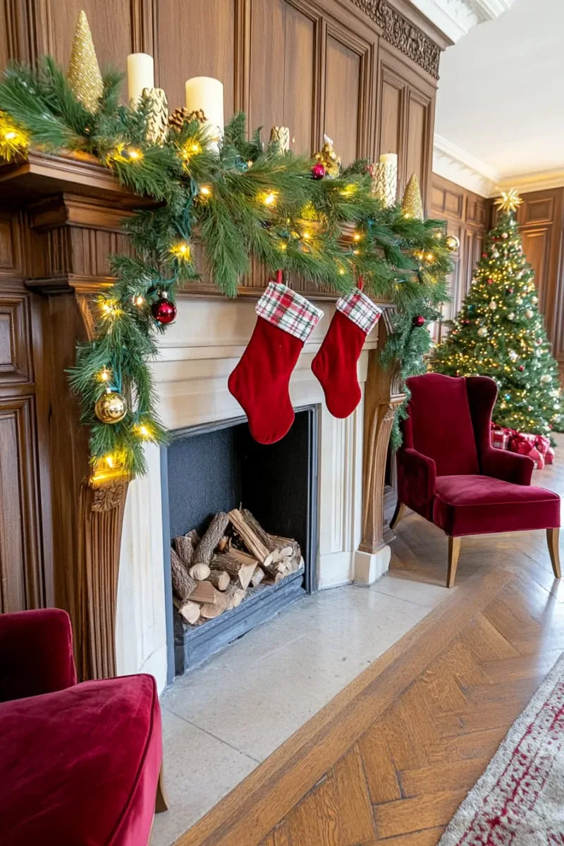 29 Elegant Christmas Party Decor Ideas to Copy This Year 22 pine garland with twinkling fairy lights draped over a classic wood mantle 1