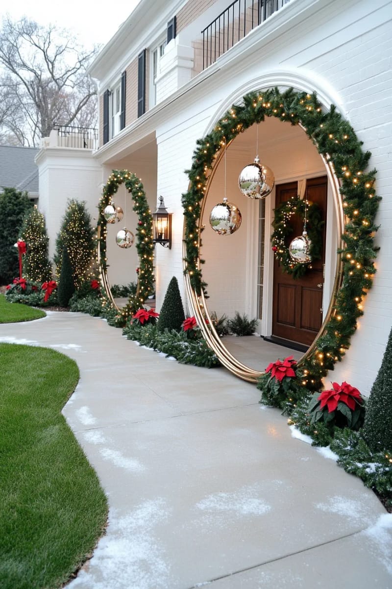 pine garland-wrapped hoops hanging between trees with dangling ornaments 1