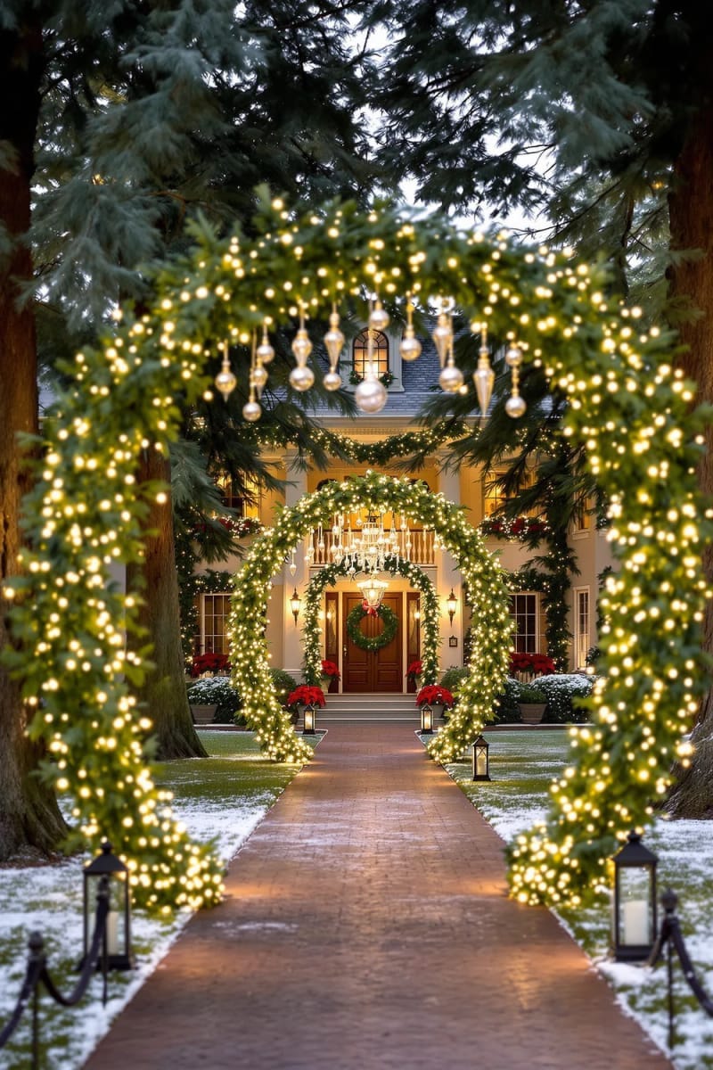pine garland-wrapped hoops hanging between trees with dangling ornaments 1