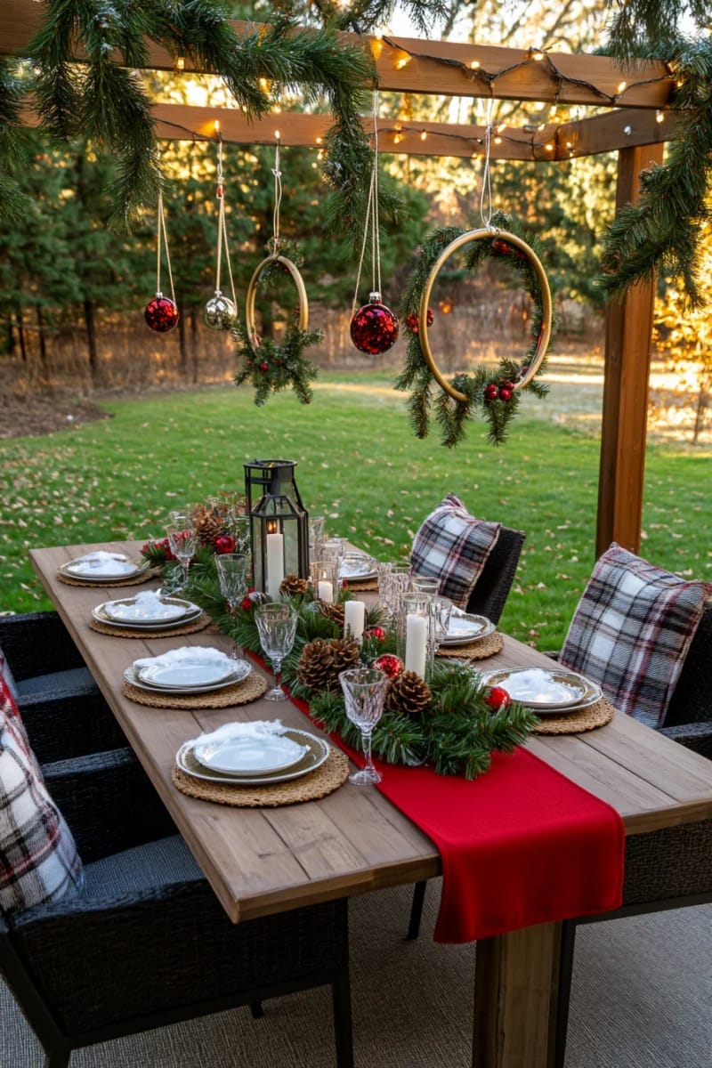 pine garland-wrapped hoops hanging between trees with dangling ornaments 1
