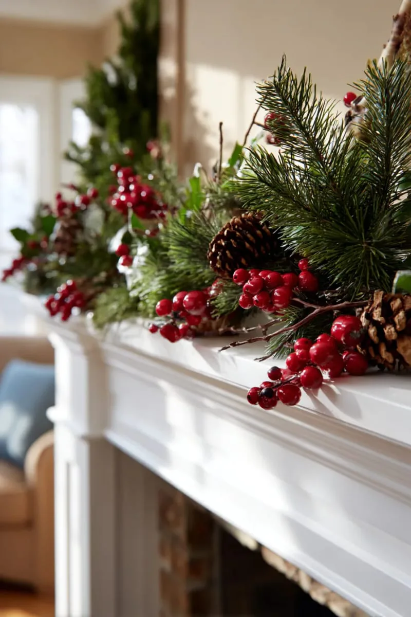 pine needle and berry garland draped across the fireplace mantle 1