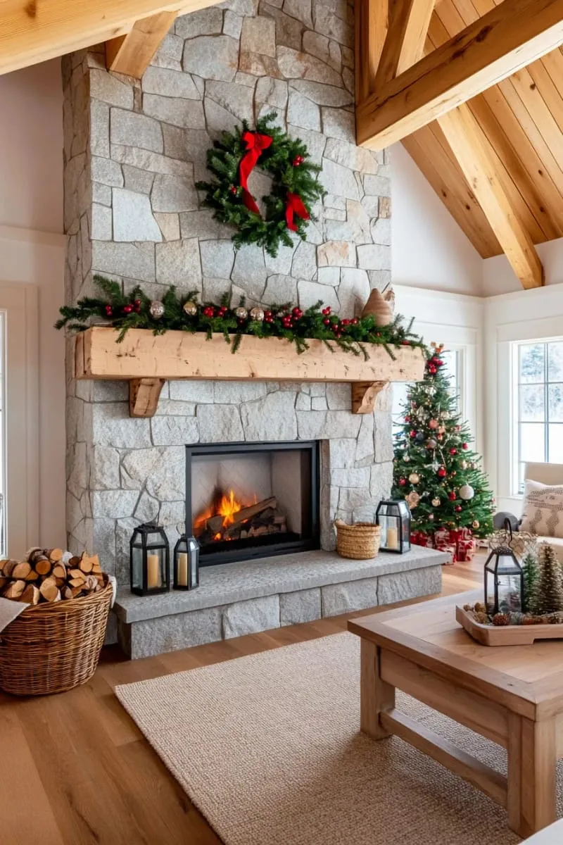 pine needle and berry garland draped across the fireplace mantle 1
