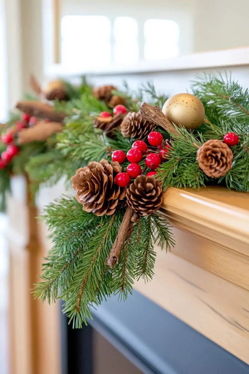 pine needle and berry garland draped across the fireplace mantle 1