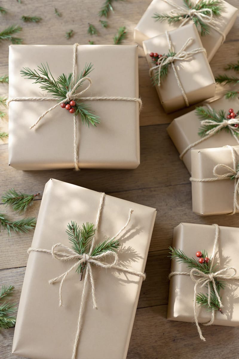 29 Inspiring Natural Christmas Decor Ideas for Modern Homes 19 pine sprigs tucked into wrapped gifts with kraft paper for earthy charm 1