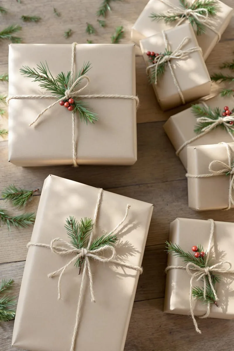 pine sprigs tucked into wrapped gifts with kraft paper for earthy charm 1