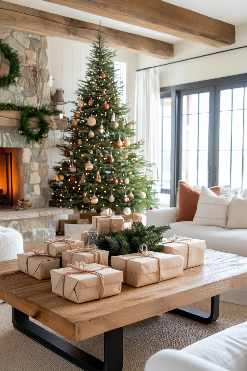 29 Inspiring Natural Christmas Decor Ideas for Modern Homes 20 pine sprigs tucked into wrapped gifts with kraft paper for earthy charm 1