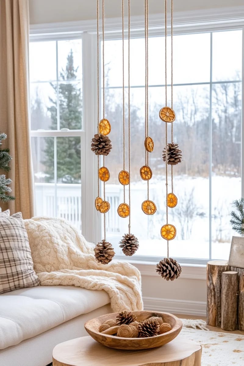 pinecone and dried orange mobile for a window or wall 1