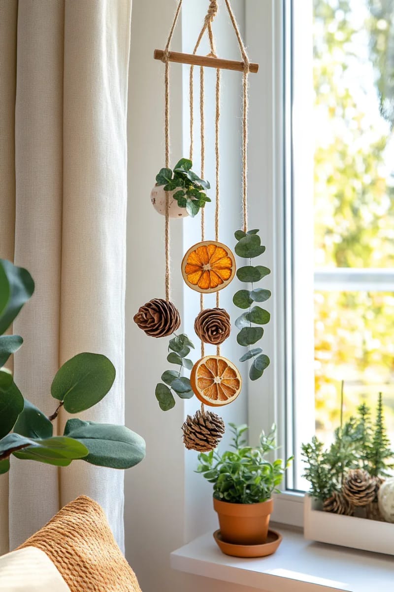 pinecone and dried orange mobile for a window or wall 1