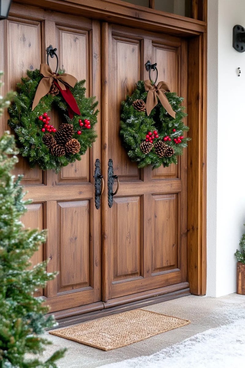 pinecone and evergreen wreaths with bright red berry accents on doors 1