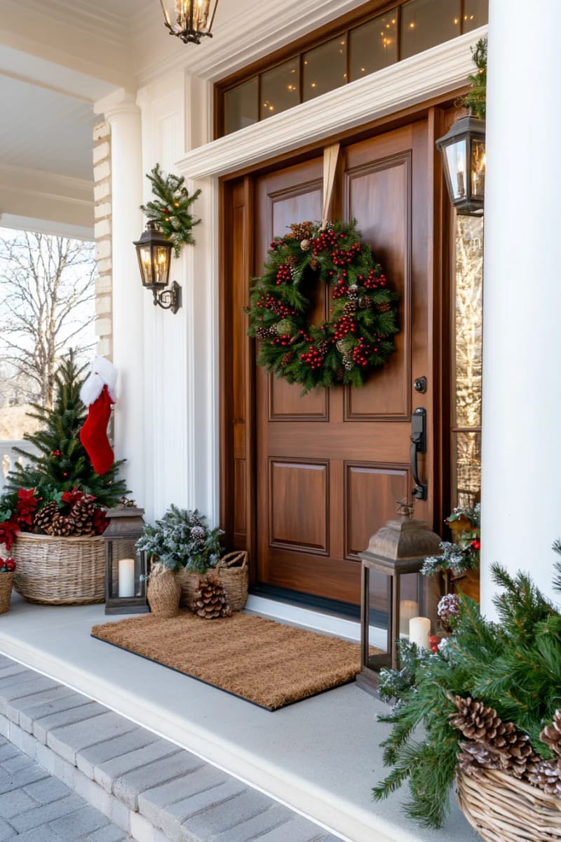 pinecone and evergreen wreaths with bright red berry accents on doors 1