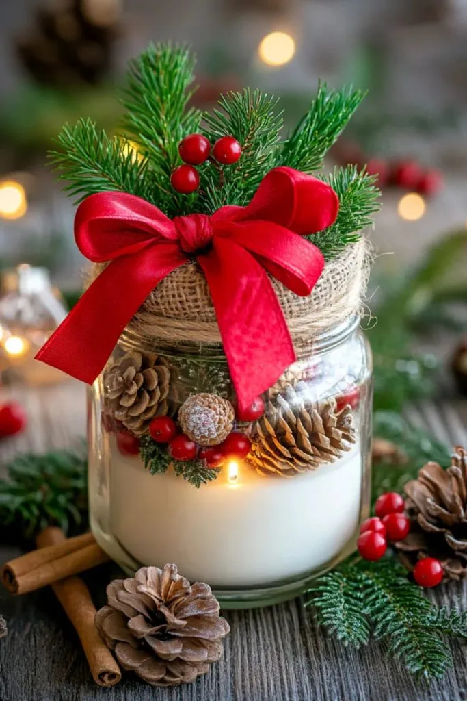 Pinecone and jar candle centerpiece with red ribbon 2