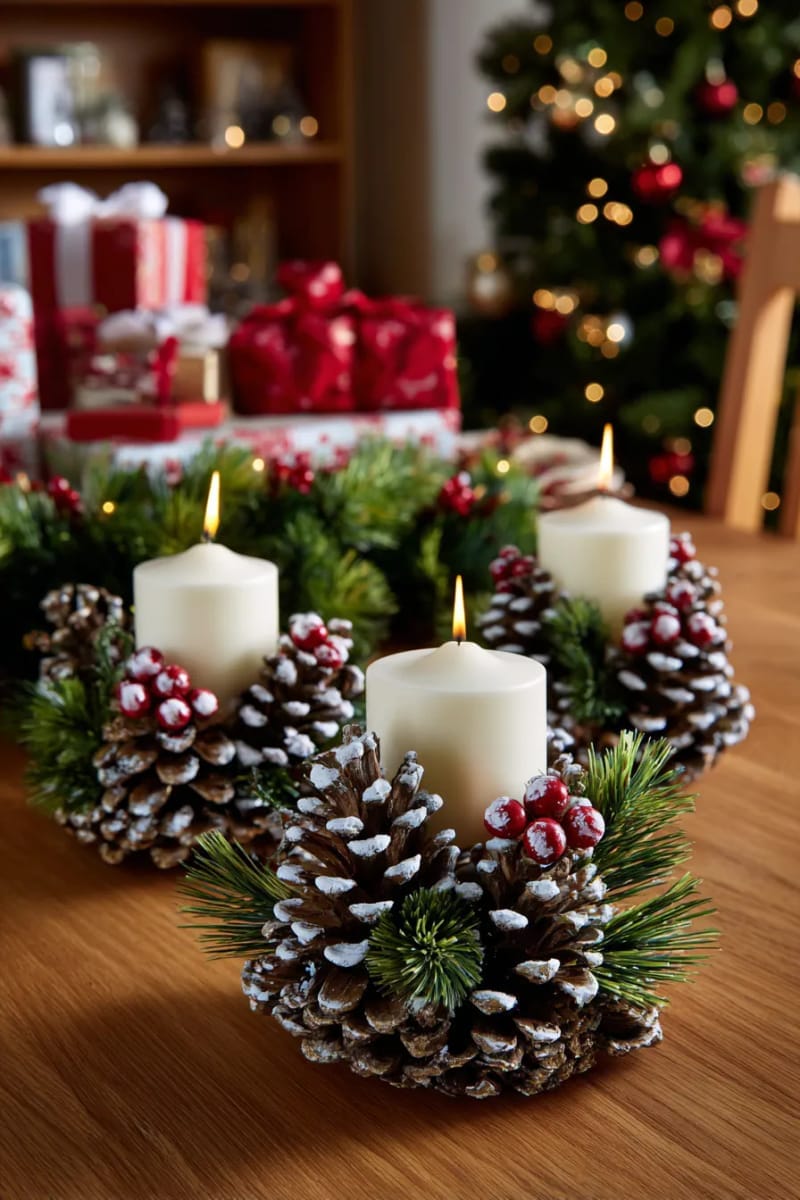 pinecone candle holders dusted with faux snow and tiny berries 1