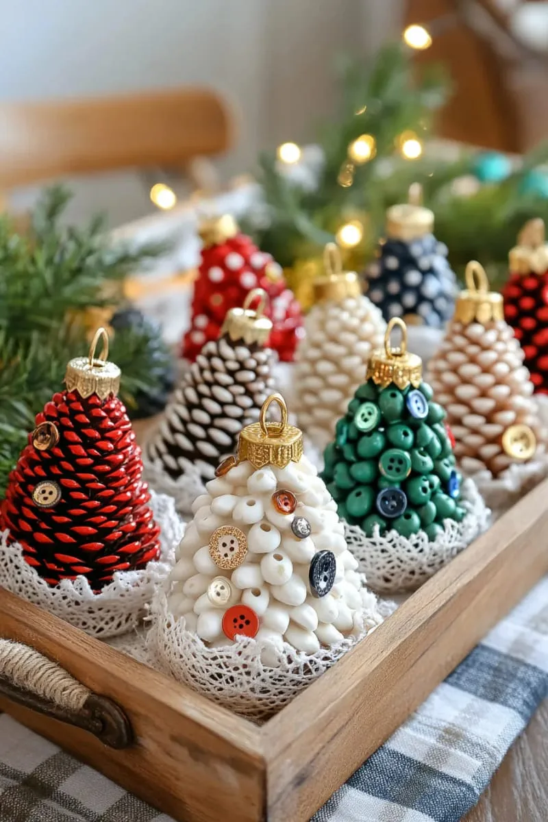 25 Upcycled Christmas Crafts DIY: Unique & Budget Friendly Decor Ideas 28 pinecone christmas trees decorated with vintage buttons and beads 1