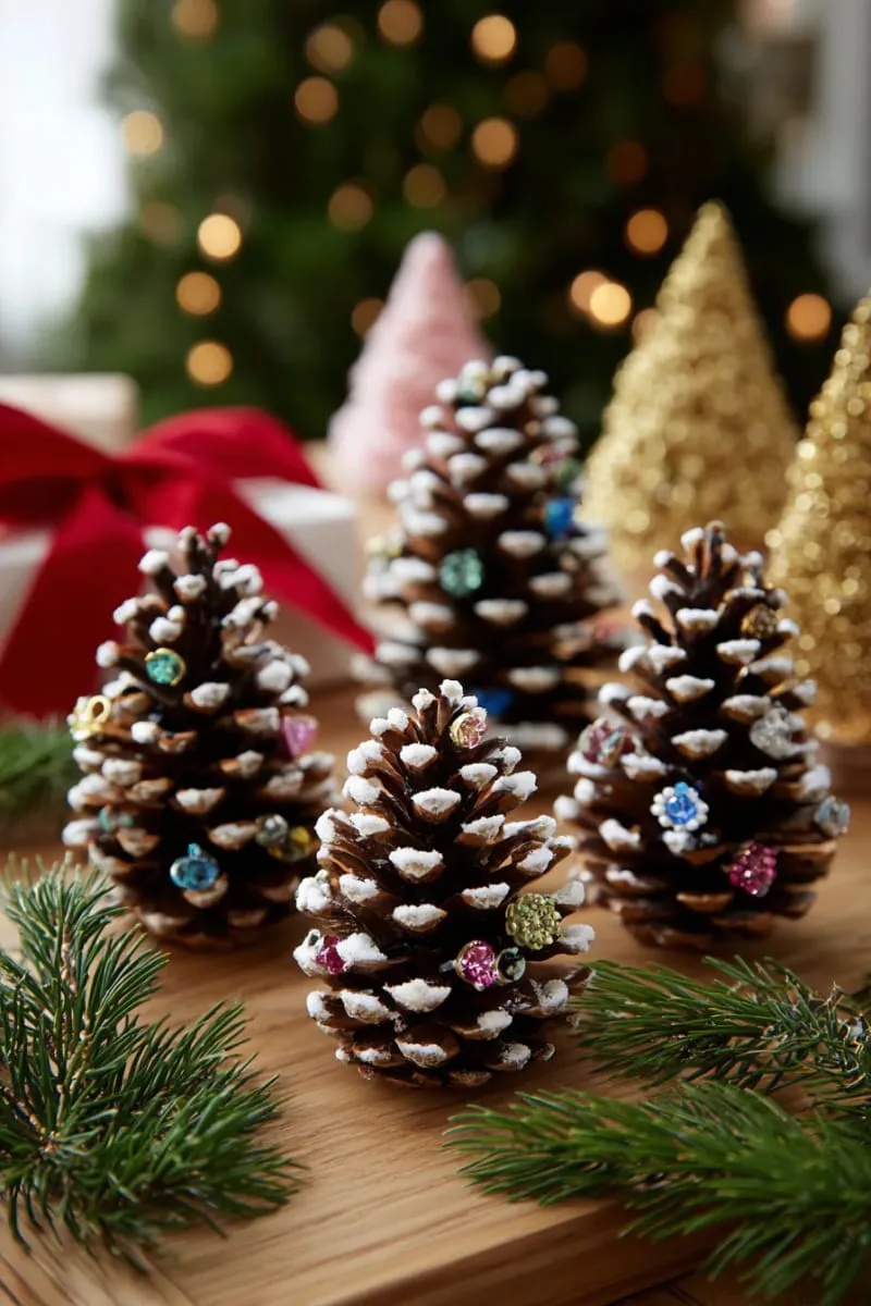 25 Upcycled Christmas Crafts DIY: Unique & Budget Friendly Decor Ideas 29 pinecone christmas trees decorated with vintage buttons and beads 1