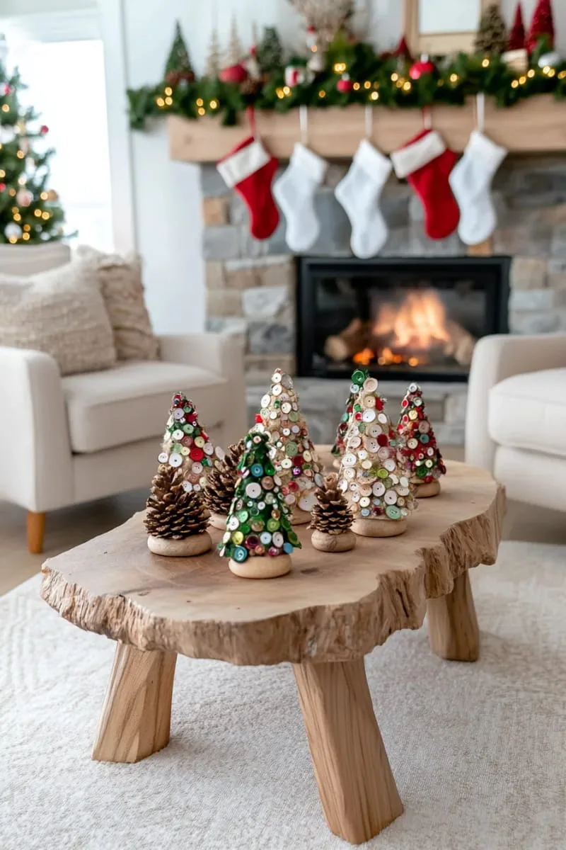 25 Upcycled Christmas Crafts DIY: Unique & Budget Friendly Decor Ideas 34 pinecone christmas trees decorated with vintage buttons and beads 1
