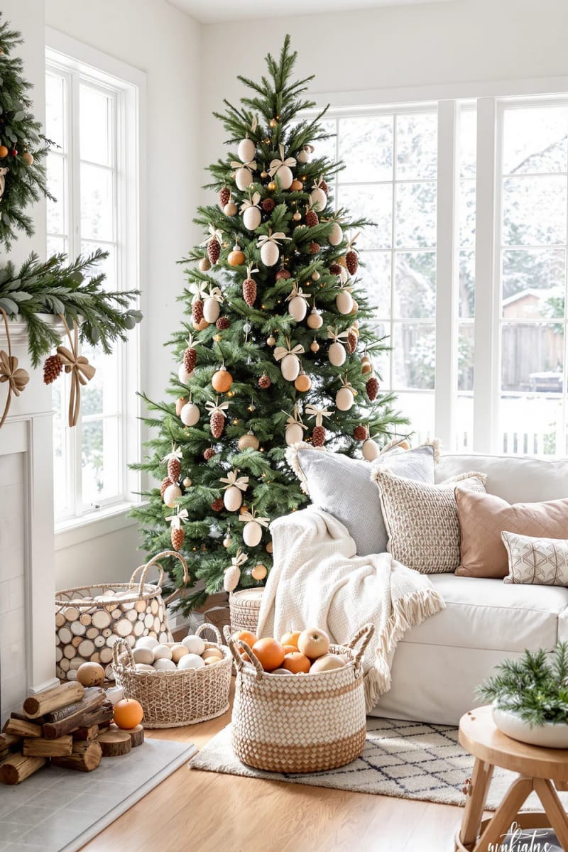 29 Inspiring Natural Christmas Decor Ideas for Modern Homes 6 pinecone clusters with twine bows hung as natural christmas ornaments 1