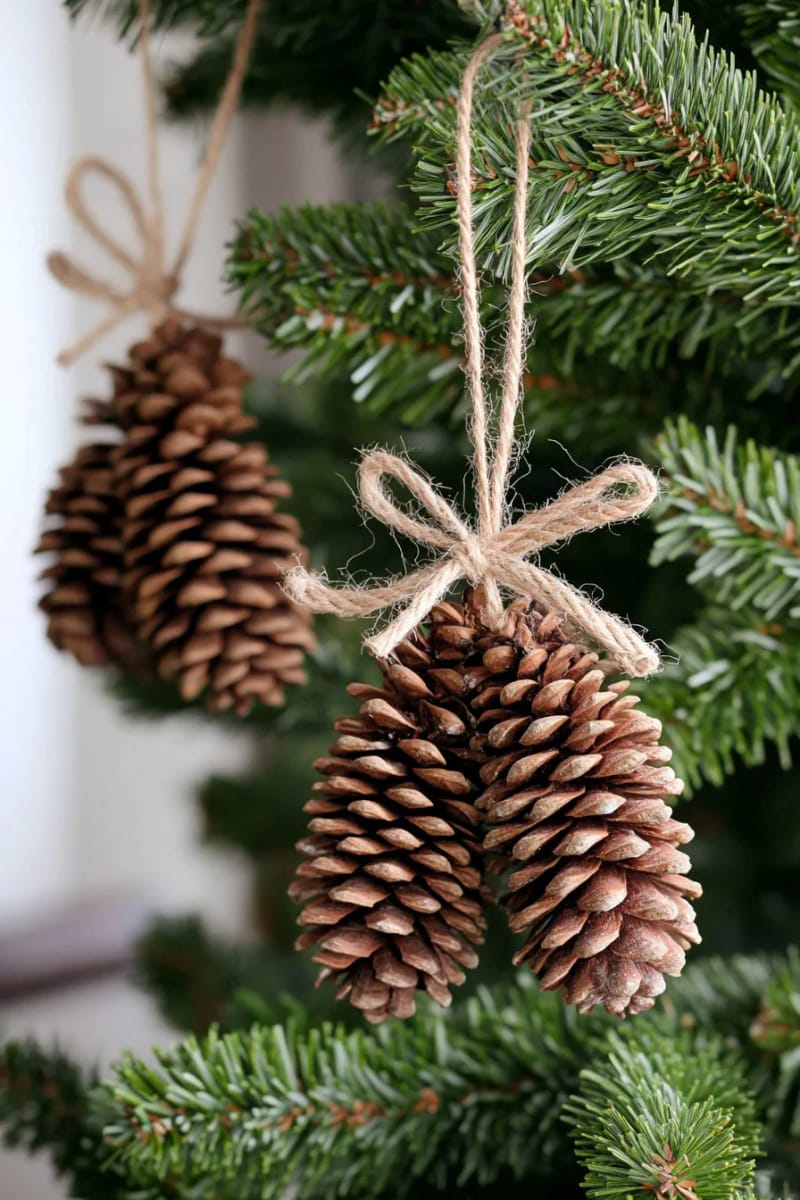 29 Inspiring Natural Christmas Decor Ideas for Modern Homes 7 pinecone clusters with twine bows hung as natural christmas ornaments 1
