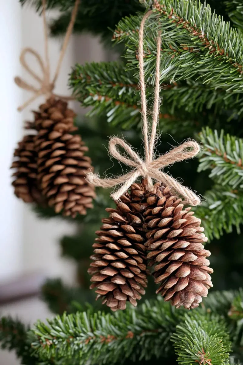 pinecone clusters with twine bows hung as natural christmas ornaments 1