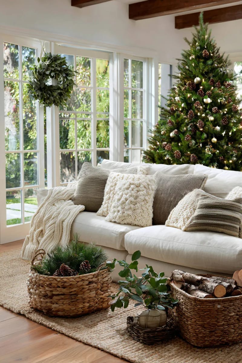 29 Inspiring Natural Christmas Decor Ideas for Modern Homes 8 pinecone clusters with twine bows hung as natural christmas ornaments 1