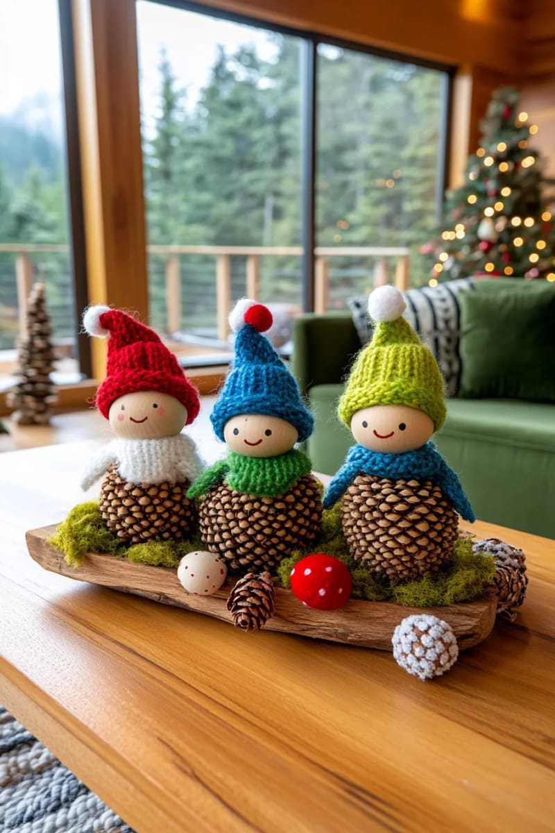 27 Unique Christmas Craft Decorations for Inspired Homes 4 pinecone elves with felt hats and miniature scarves for a woodland display 1