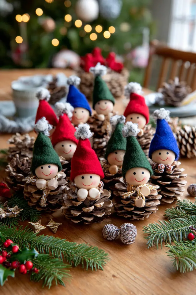 pinecone elves with felt hats and painted wooden heads 1