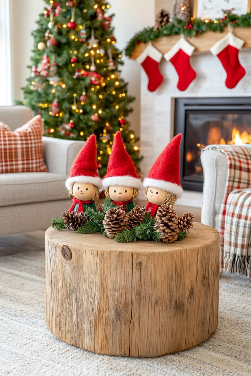 pinecone elves with felt hats and painted wooden heads 1