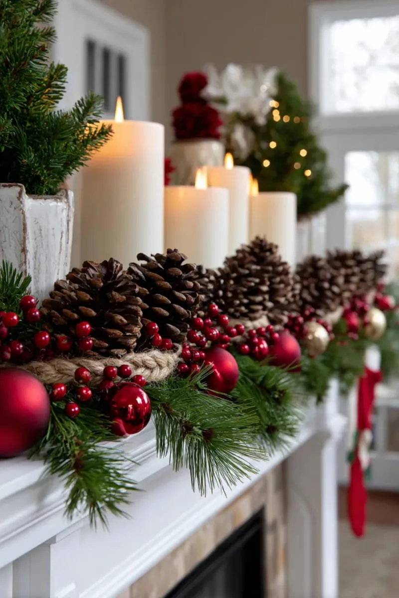 pinecone garland with red berries and rustic twine for a mantel accent 1