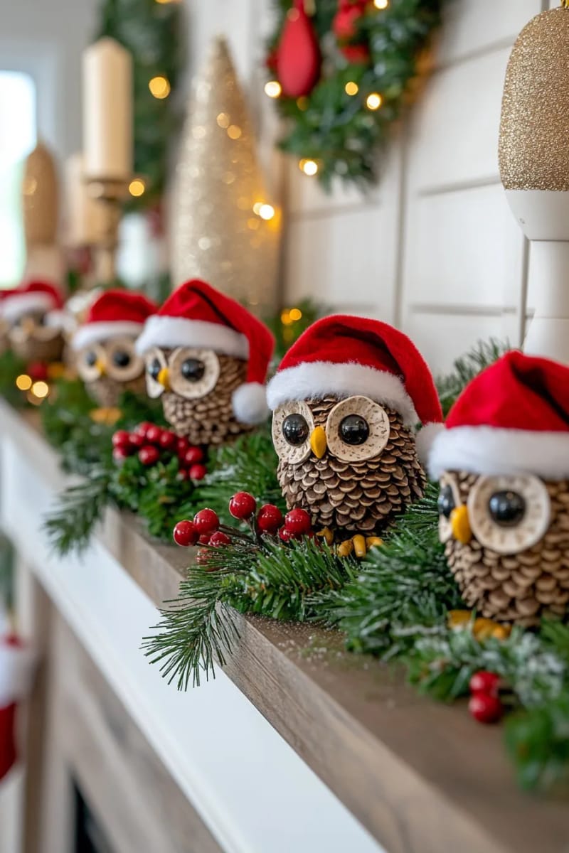 27 Unique Christmas Craft Decorations for Inspired Homes 69 pinecone owls wearing santa hats for a quirky mantelpiece touch 1