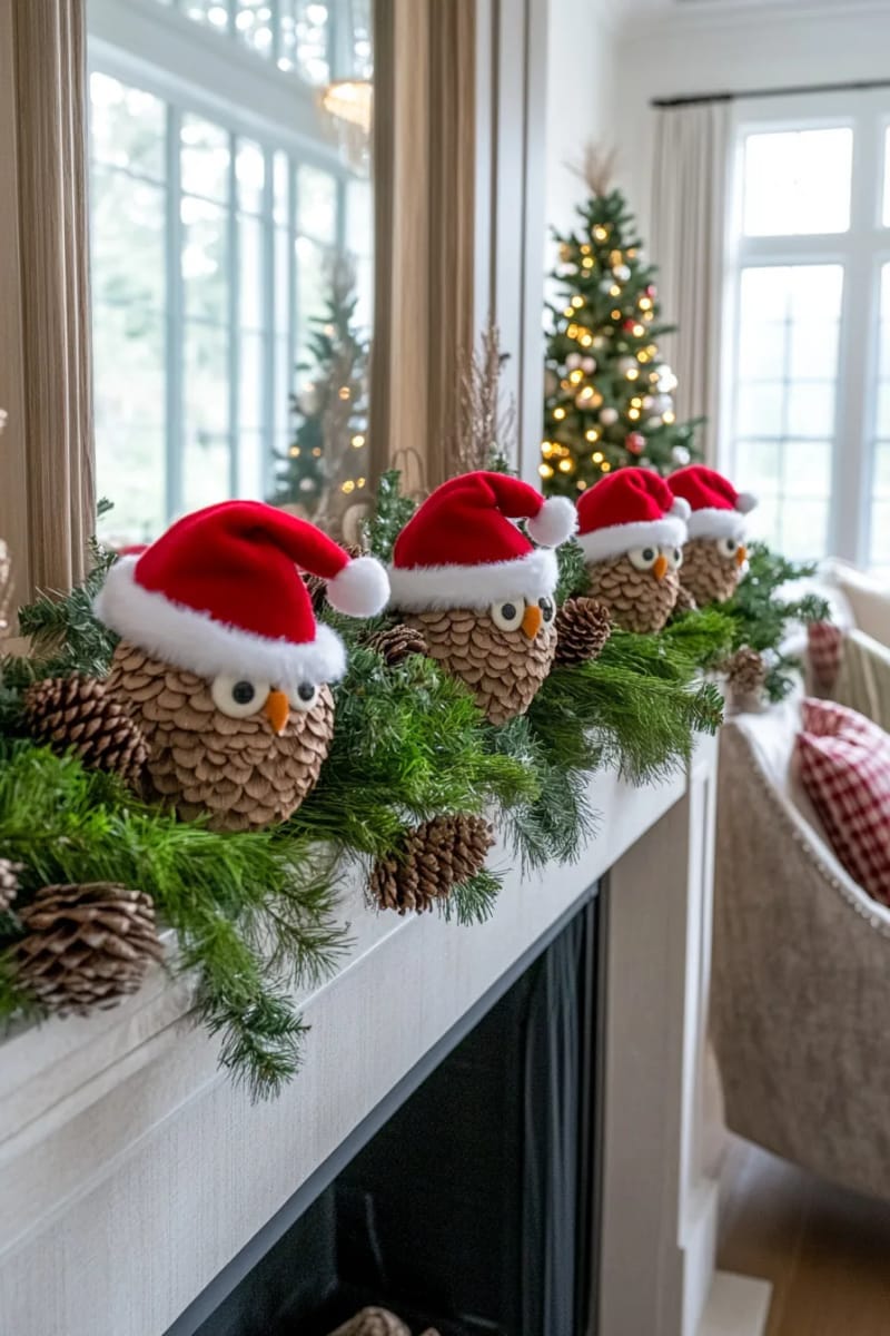 27 Unique Christmas Craft Decorations for Inspired Homes 70 pinecone owls wearing santa hats for a quirky mantelpiece touch 1