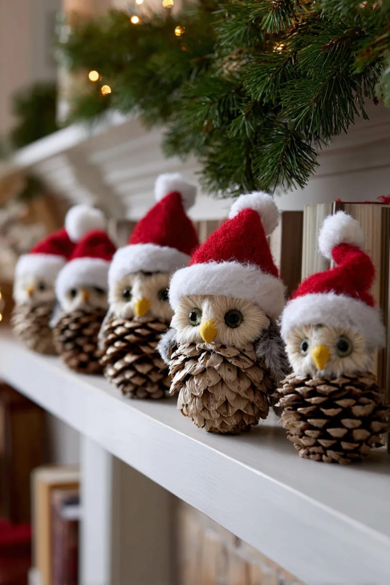27 Unique Christmas Craft Decorations for Inspired Homes 73 pinecone owls wearing santa hats for a quirky mantelpiece touch 1