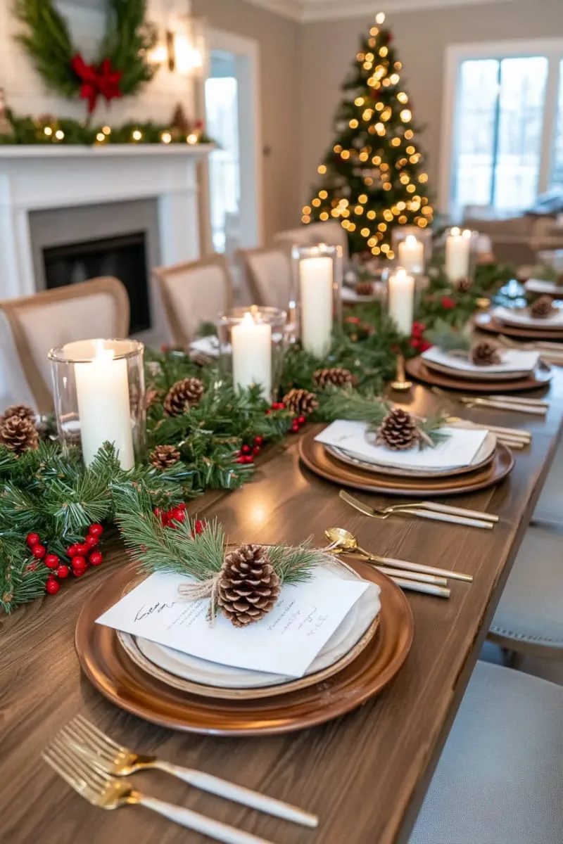 29 Elegant Christmas Party Decor Ideas to Copy This Year 61 pinecone place cards tied with twine and a sprig of rosemary 1