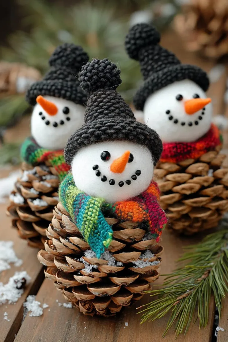 pinecone snowman family with felt scarves and button hats 1