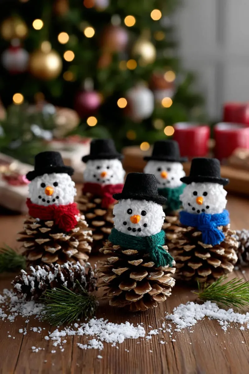pinecone snowman family with felt scarves and button hats 1